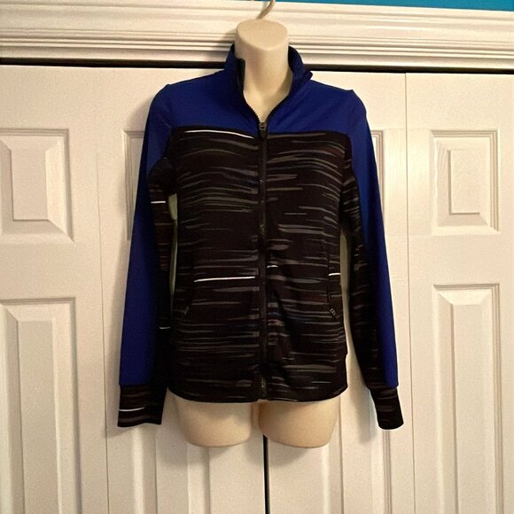 Active wear Royal Blue Gray stripe Urban zip up Sweater Girls Size L  - 14/16 - Picture 2 of 13